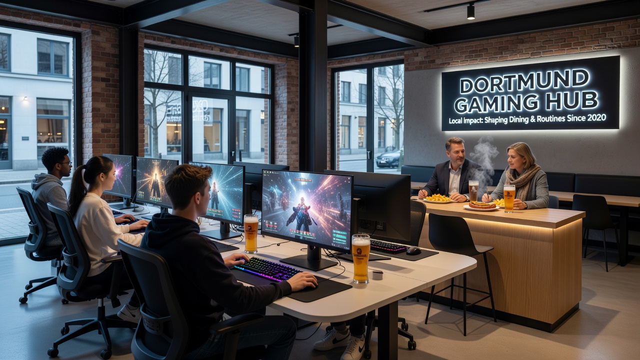 Spieler und Gäste in einem Dortmunder Restaurant nahe einer Gaming-Venue während der Abendstunden