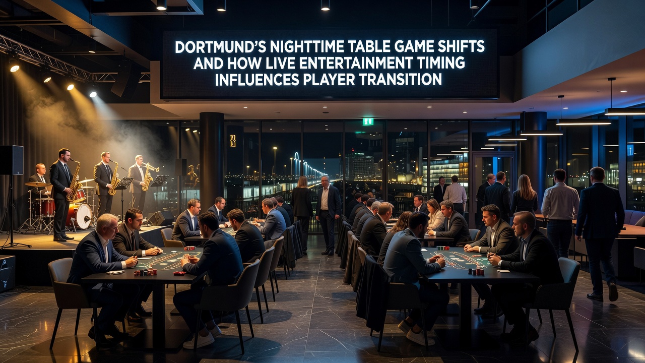 Live-Band im Casino Dortmund während der Nachtstunden mit Spielern, die zwischen Tischspielen und Automaten wechseln