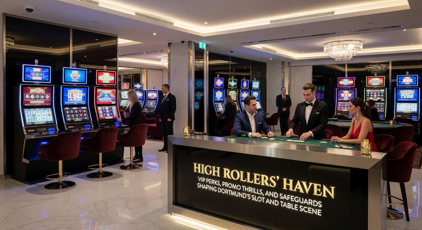 Highroller bei einem exklusiven Promo-Event im Dortmunder Casino, umgeben von glänzenden Chips, Slot-Displays und Sicherheitskräften im Hintergrund